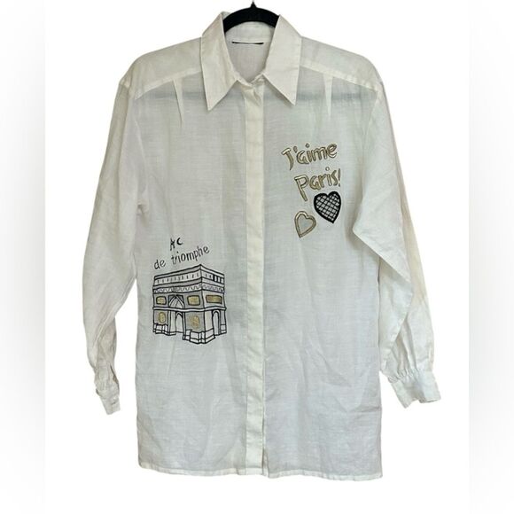 Womens Vintage Jaime Paris Effiel Tower Embroidered LONG blouse. Linen/Ramie. XL - Picture 1 of 8
